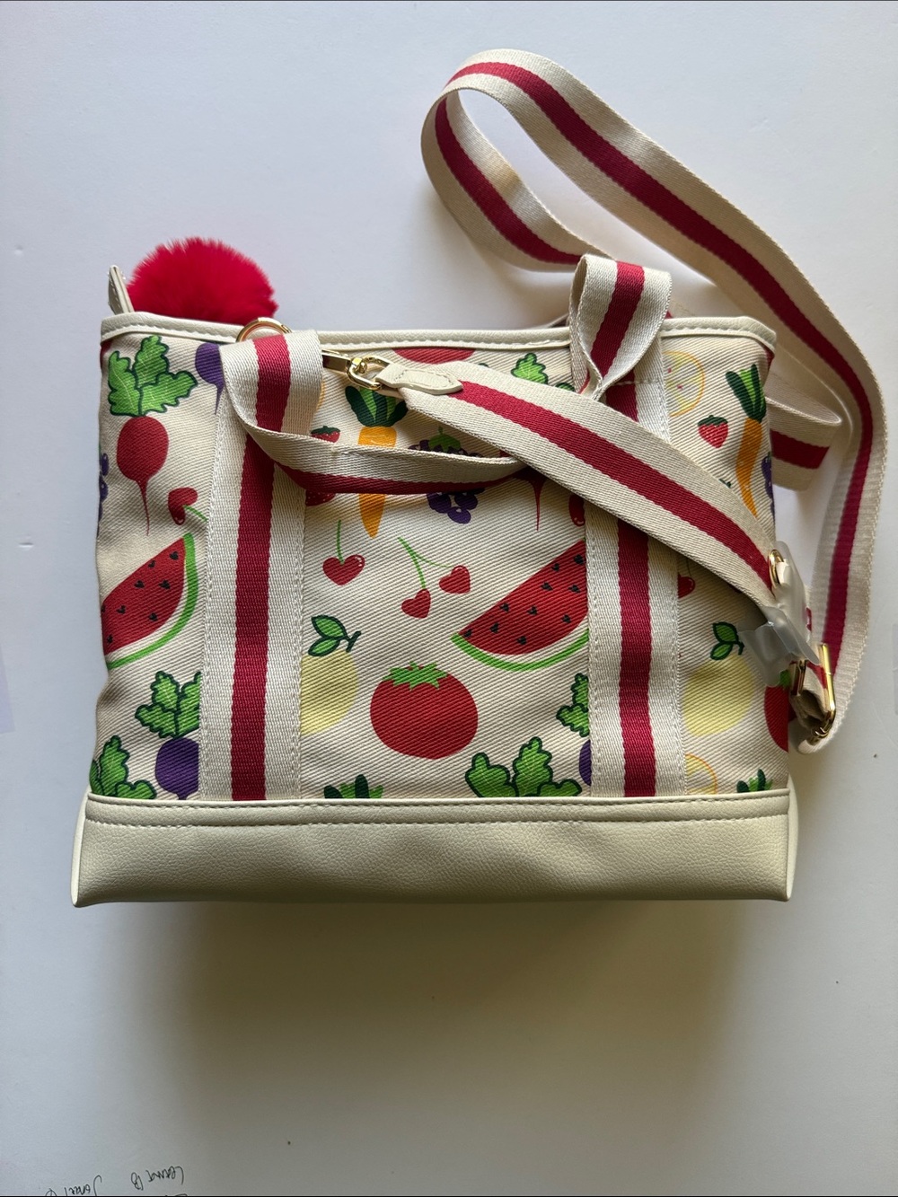 Betsey Johnson Canvas Vegetable & Fruit Print Tote Bag in Cream and Red - Picture 2 of 8